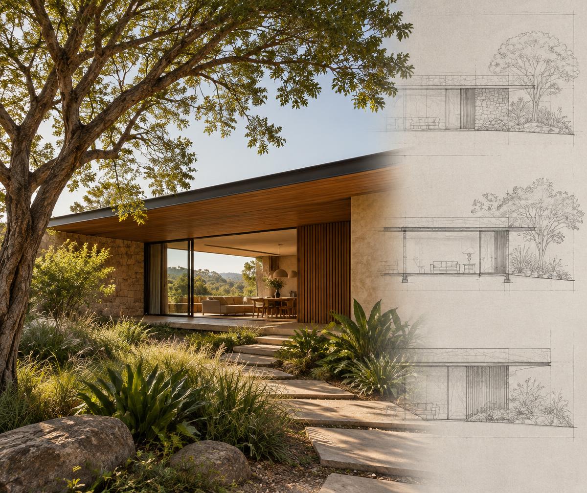 Casa contemporânea e desenho arquitetônico sobrepostos
