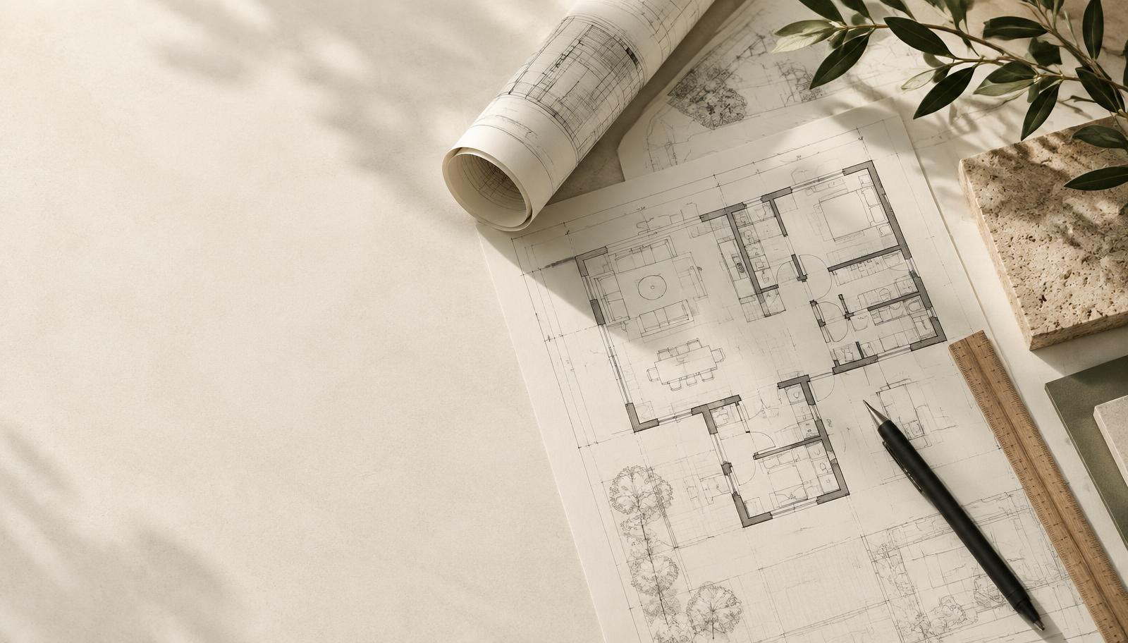 Plantas arquitetônicas, papel vegetal e materiais de projeto sobre uma mesa